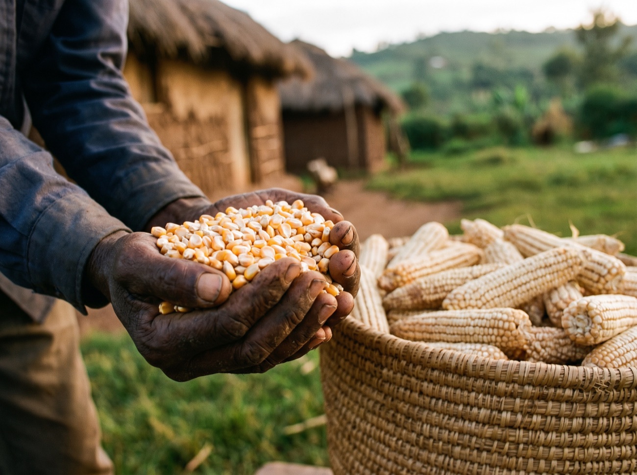 A farmer's hands full of golden dried maize beside a woven basket of cobs.