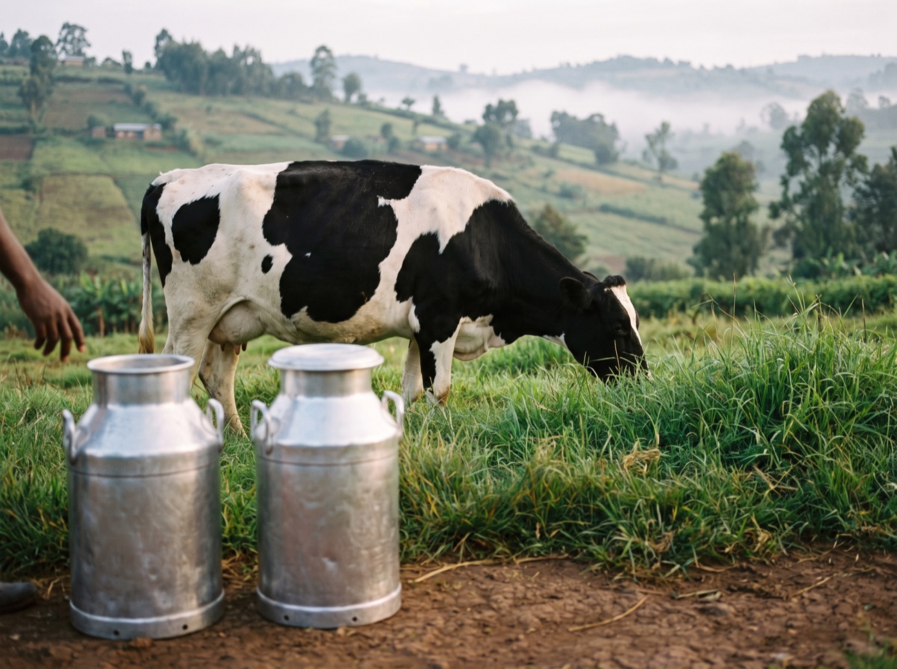 A Friesian dairy cow grazes beside two aluminium milk cans in the green highlands.