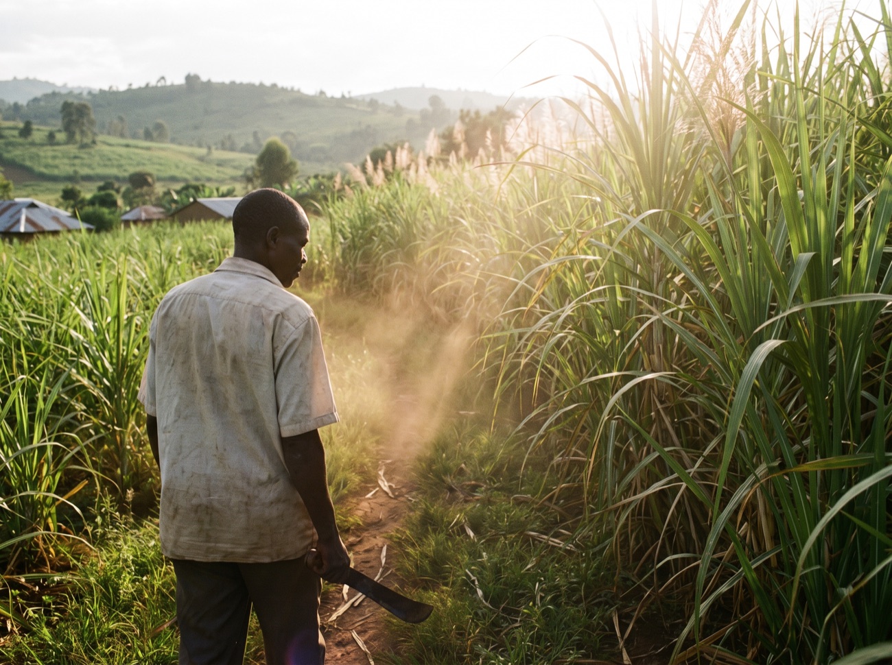 A farmer walks a path into a tall green sugarcane field at golden hour.